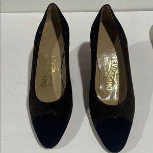 Salvatore Ferragamo Brown Suede Pumps with Black Cap Toe